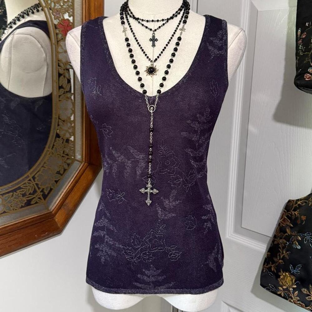 VTG Y2K Dana Buchman Purple Silver Metallic Glitter Floral Leaf Mesh V Neck Top